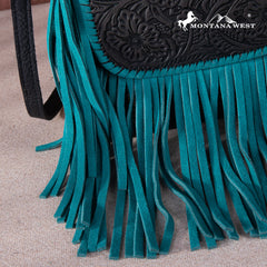 RLC-L159 Montana West Genuine Leather Tooled Collection Fringe Crossbody - Turquoise