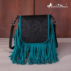 RLC-L159 Montana West Genuine Leather Tooled Collection Fringe Crossbody - Turquoise