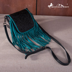 RLC-L159 Montana West Genuine Leather Tooled Collection Fringe Crossbody - Turquoise