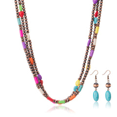 RNS-1033  Rustic Couture's  Turquoise Beaded  Layered Necklace Earrings Set