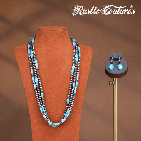 RNS-1033  Rustic Couture's  Turquoise Beaded  Layered Necklace Earrings Set