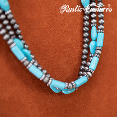 RNS-1033  Rustic Couture's  Turquoise Beaded  Layered Necklace Earrings Set