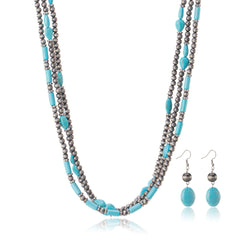 RNS-1033  Rustic Couture's  Turquoise Beaded  Layered Necklace Earrings Set