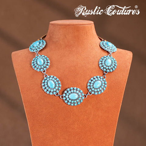 RNS-1050 Rustic Couture's  Bohemian Turquoise Stone Concho Necklace