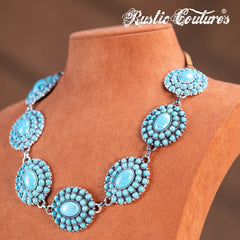 RNS-1050 Rustic Couture's  Bohemian Turquoise Stone Concho Necklace