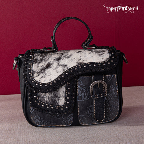 TR149-8360 Trinity Ranch Hair-On Cowhide Saddle Shape Collection Crossbody/Satchel - Black