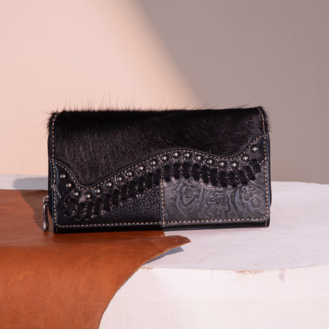 TR149-W010 Trinity Ranch Hair-On Cowhide Saddle Shape Collection Wallet - Black