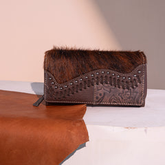 TR149-W010 Trinity Ranch Hair-On Cowhide Saddle Shape Collection Wallet -Coffee