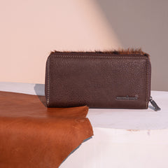 TR149-W010 Trinity Ranch Hair-On Cowhide Saddle Shape Collection Wallet -Coffee