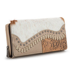 TR149-W010 Trinity Ranch Hair-On Cowhide Saddle Shape Collection Wallet -Tan