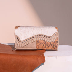 TR149-W010 Trinity Ranch Hair-On Cowhide Saddle Shape Collection Wallet -Tan