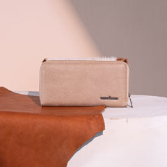 TR149-W010 Trinity Ranch Hair-On Cowhide Saddle Shape Collection Wallet -Tan