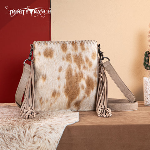 TR162G-2001   Trinity Ranch Hair-On Cowhide Fringe Concealed Carry Crossbody Bag -Tan