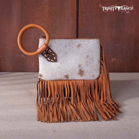 TR167-A181 Trinity Ranch Genuine Hair-On Cowhide Ring Handle Wristlet Clutch Bag - Light Brown