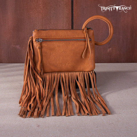 TR167-A181 Trinity Ranch Genuine Hair-On Cowhide Ring Handle Wristlet Clutch Bag - Light Brown