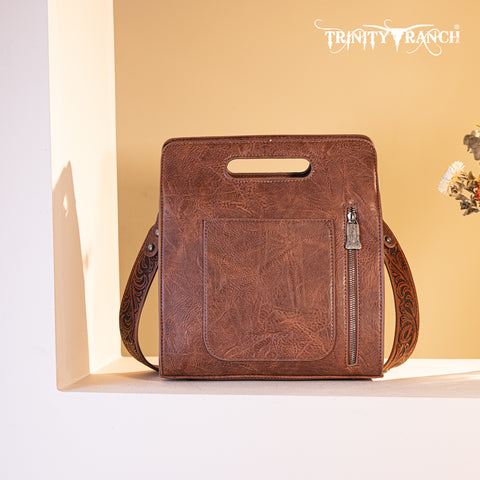 TR173G-9360  Trinity Ranch Floral Tooled  Concealed Carry Crossbody Bag - Brown