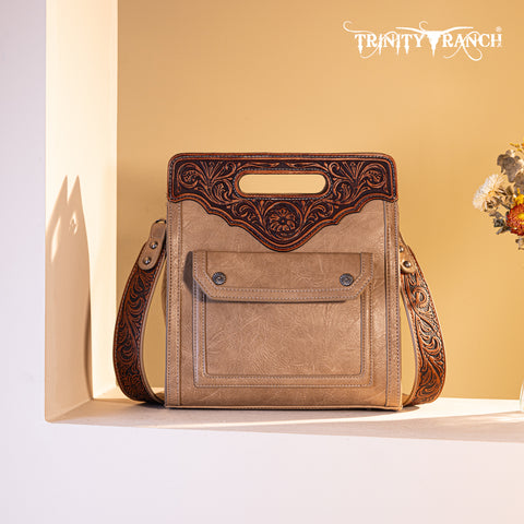 TR173G-9360  Trinity Ranch Floral Tooled  Concealed Carry Crossbody Bag - Khaki