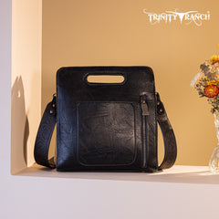 TR173G-A9360 Trinity Ranch Hair-On Cowhide Floral Tooled   Concealed Carry Crossbody Bag - Black