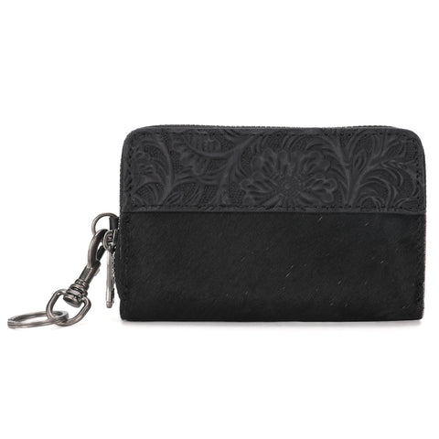 TR178-W001  Trinity Ranch Genuine Cowhide Hair-On Floral Tooled Collection Mini Wallet -Black