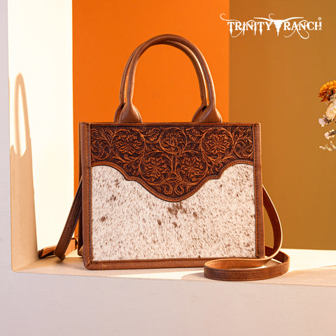 TR178G-8899   Trinity Ranch Hair On Cowhide Floral Tooled Concealed Carry Tote/Crossbody - Brown
