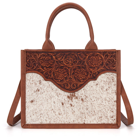 TR178G-8899   Trinity Ranch Hair On Cowhide Floral Tooled Concealed Carry Tote/Crossbody - Brown