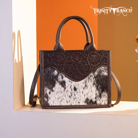 TR178G-8899   Trinity Ranch Hair On Cowhide Floral Tooled Concealed Carry Tote/Crossbody - Coffee