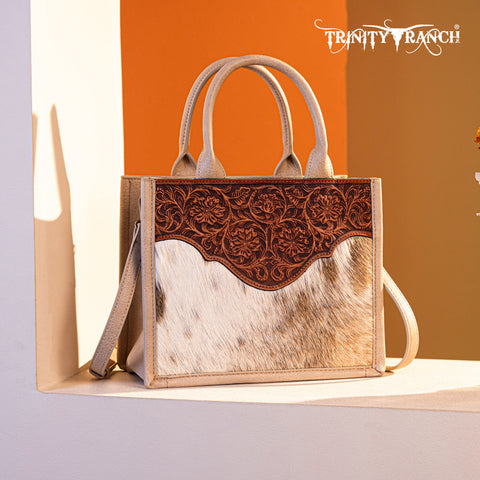TR178G-8899   Trinity Ranch Hair On Cowhide Floral Tooled Concealed Carry Tote/Crossbody -Tan