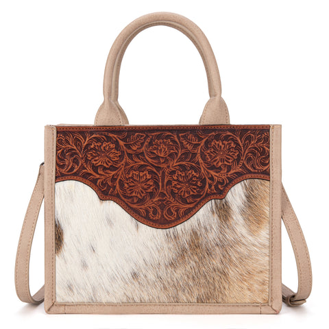 TR178G-8899   Trinity Ranch Hair On Cowhide Floral Tooled Concealed Carry Tote/Crossbody -Tan