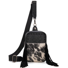 TR179-186 Trinity Ranch Genuine Hair-On Cowhide Tooled Fringe Sling Bag