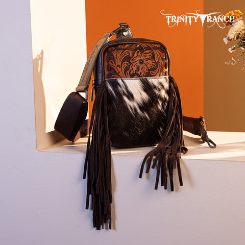 TR179-186 Trinity Ranch Genuine Hair-On Cowhide Tooled Fringe Sling Bag