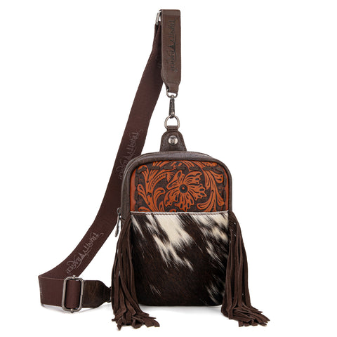 TR179-186 Trinity Ranch Genuine Hair-On Cowhide Tooled Fringe Sling Bag