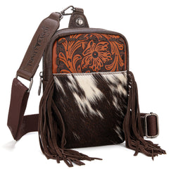 TR179-186 Trinity Ranch Genuine Hair-On Cowhide Tooled Fringe Sling Bag