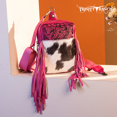 TR179-186 Trinity Ranch Genuine Hair-On Cowhide Tooled Fringe Sling Bag