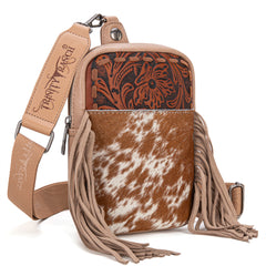 TR179-186 Trinity Ranch Genuine Hair-On Cowhide Tooled Fringe Sling Bag