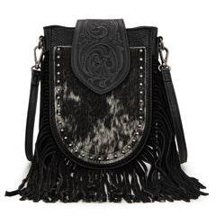 TR180-8360  Trinity Ranch Genuine Hair-On Cowhide Tooled Fringe  Crossbody Bag- Black