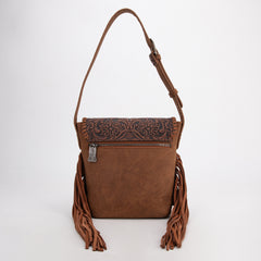 TR182-9181  Trinity Ranch Genuine Hair-On Cowhide Tooled Fringe Shoulder Bag-Brown