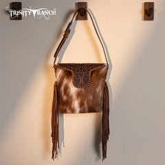 TR182-9181  Trinity Ranch Genuine Hair-On Cowhide Tooled Fringe Shoulder Bag-Brown