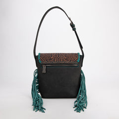 TR182-9181  Trinity Ranch Genuine Hair-On Cowhide Tooled Fringe Shoulder Bag- Black