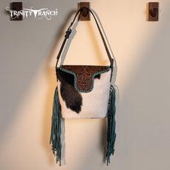 TR182-9181  Trinity Ranch Genuine Hair-On Cowhide Tooled Fringe Shoulder Bag- Black