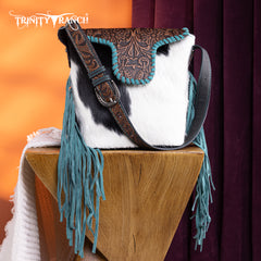 TR182-9181  Trinity Ranch Genuine Hair-On Cowhide Tooled Fringe Shoulder Bag- Black