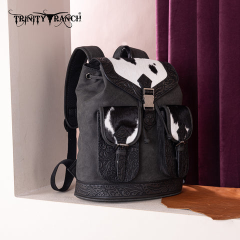 TR185-9110   Trinity Ranch Genuine Hair-On Cowhide Tooled Backpack - Black