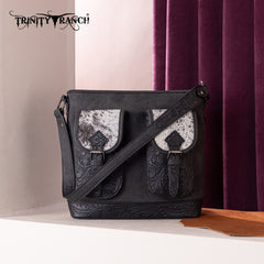 TR185G-918  Trinity Ranch Genuine Hair-On Cowhide Tooled Concealed Carry Hobo Bag- Black