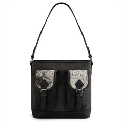 TR185G-918  Trinity Ranch Genuine Hair-On Cowhide Tooled Concealed Carry Hobo Bag- Black