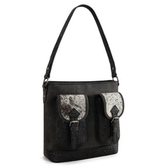 TR185G-918  Trinity Ranch Genuine Hair-On Cowhide Tooled Concealed Carry Hobo Bag- Black