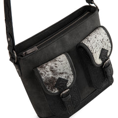 TR185G-918  Trinity Ranch Genuine Hair-On Cowhide Tooled Concealed Carry Hobo Bag- Black