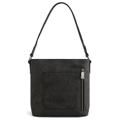 TR185G-918  Trinity Ranch Genuine Hair-On Cowhide Tooled Concealed Carry Hobo Bag- Black