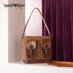 TR185G-918  Trinity Ranch Genuine Hair-On Cowhide Tooled Concealed Carry Hobo Bag- Brown