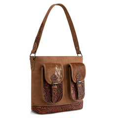 TR185G-918  Trinity Ranch Genuine Hair-On Cowhide Tooled Concealed Carry Hobo Bag- Brown