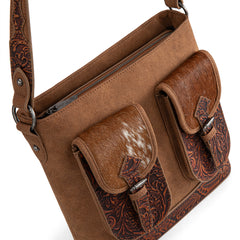 TR185G-918  Trinity Ranch Genuine Hair-On Cowhide Tooled Concealed Carry Hobo Bag- Brown