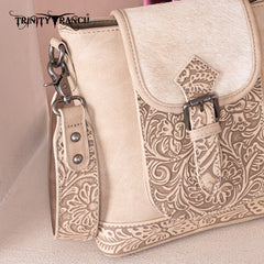 TR185G-9360  Trinity Ranch Genuine Hair-On Cowhide Tooled Concealed Carry Crossbody Bag- Tan